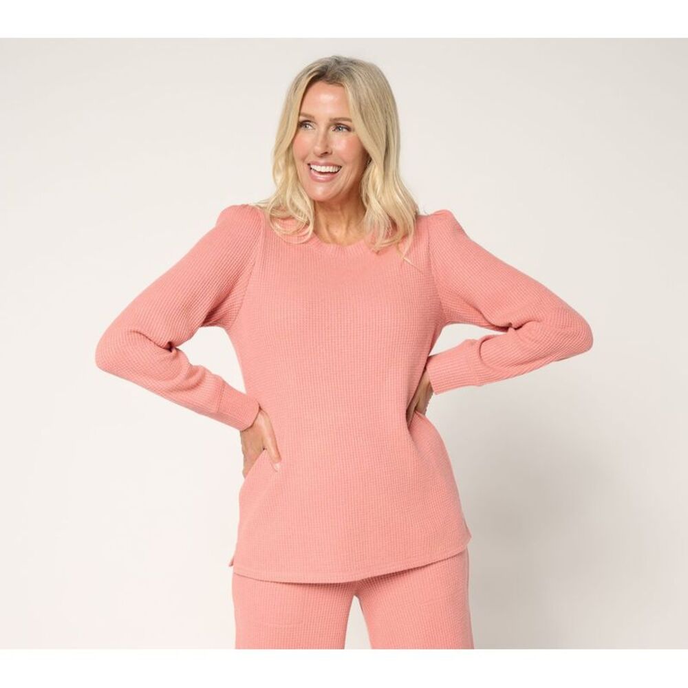 Anybody Women's Top Sz M Brushed Waffle Knit Crew Neck Tall Cuff Pink A703129